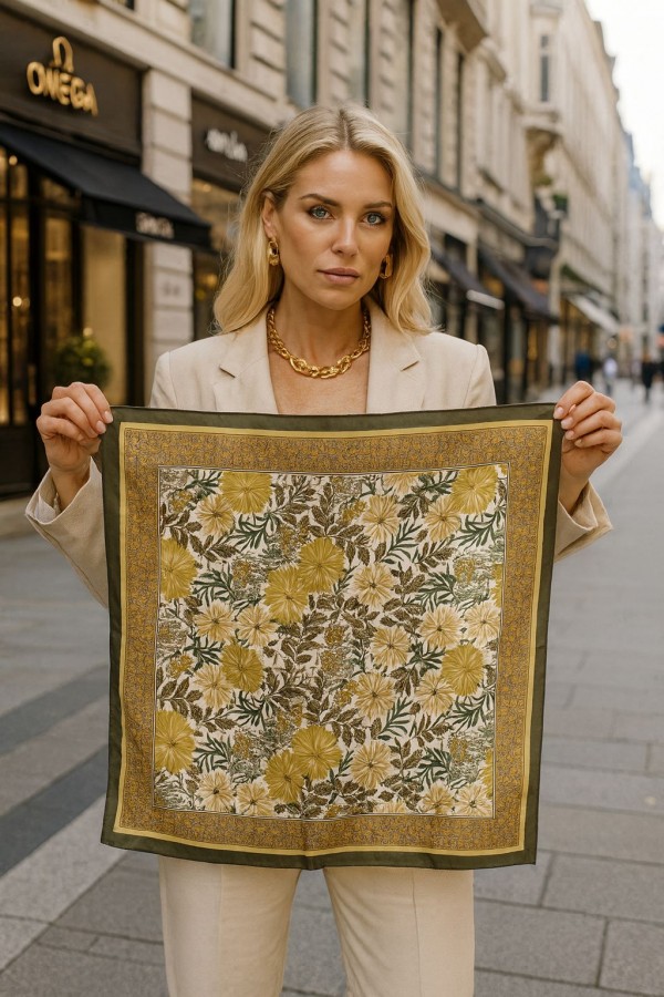 14895 Çiçek Desenli Yeşil Çift Tarafı Baskılı Bandana Fular 70x70 cm