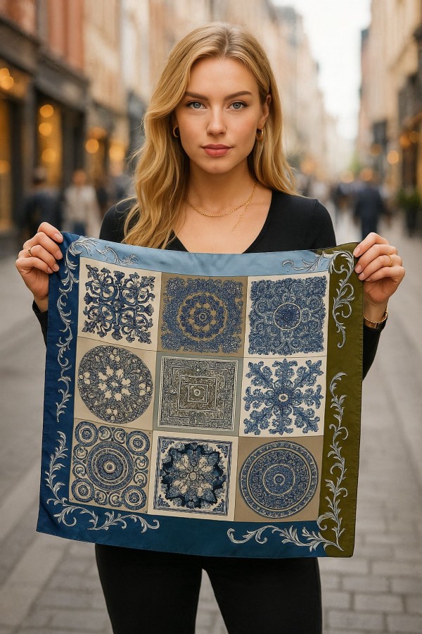 14896 Etnik Patch Desenli Lacivert Çift Tarafı Baskılı Bandana Fular 70x70 cm