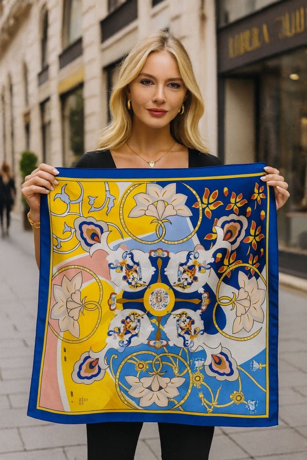 14927 Çiçek Desenli Lacivert Çift Tarafı Baskılı Bandana Fular 90x90 cm