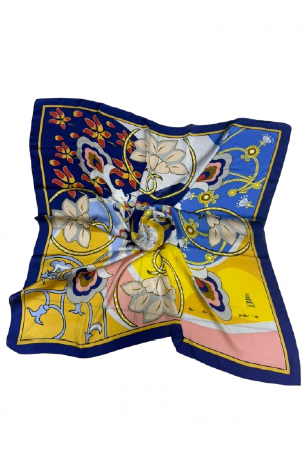 14927 Çiçek Desenli Lacivert Çift Tarafı Baskılı Bandana Fular 90x90 cm