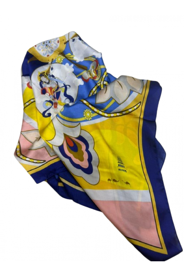 14927 Çiçek Desenli Lacivert Çift Tarafı Baskılı Bandana Fular 90x90 cm