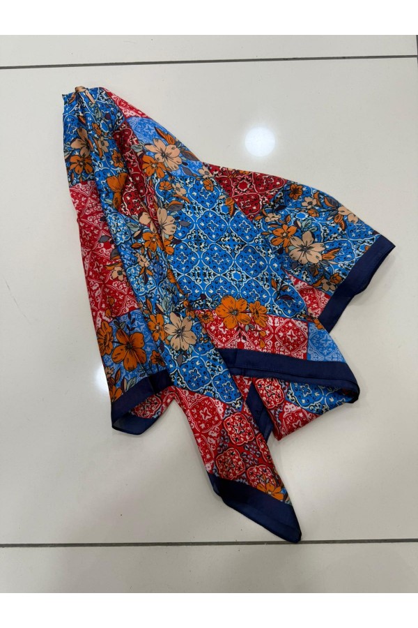 14930 Çiçek Desenli Lacivert Çift Tarafı Baskılı Bandana Fular 90x90 cm
