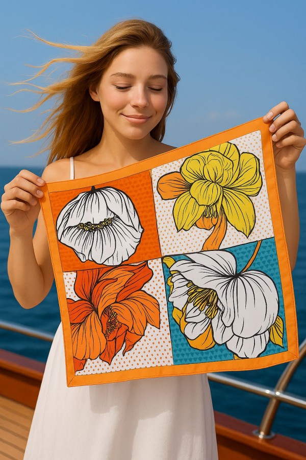 14940 Çiçek Desenli Turuncu Saten Bandana Fular 50x50 cm