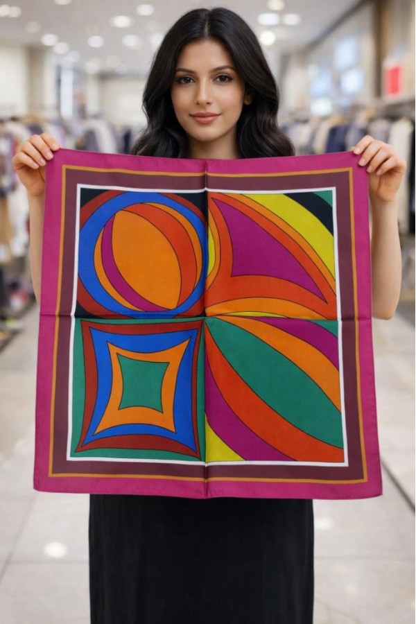 14941 Geometrik Desenli Mor Saten Bandana Fular 50x50 cm