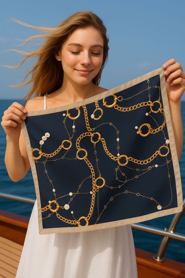 14942 Zincir Desenli Siyah Saten Bandana Fular