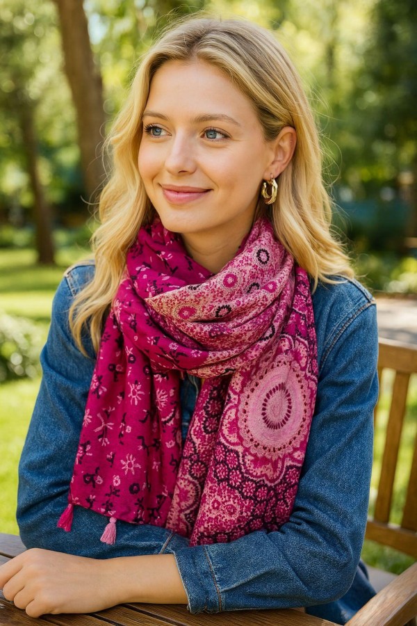 15069 Çok Desenli Püsküllü Fuşya Şal