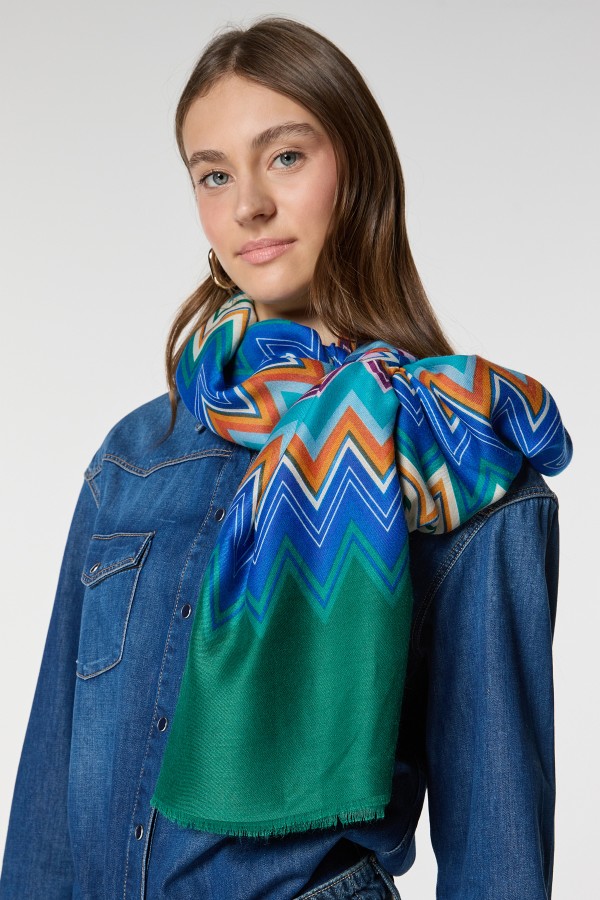 Navy Blue Zigzag Print Long Shawl, 100% polyester, 90x180 cm
