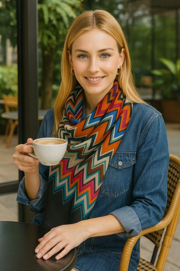 15080 Zizgaz Desenli Siyah Mavi Şal