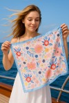 15150 Çiçek Desenli Bebe Mavi Saten Bandana Fular 50x50 cm