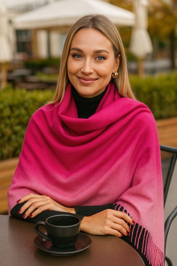 Batikli Fuşya Püsküllü Kalın Şal - Nesvay Batikli Fuşya Püsküllü Kalın Şal, %100 Polyester, 70x180 cm