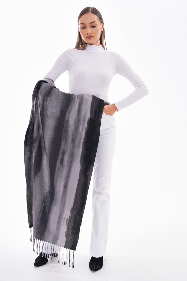 Batikli Siyah Kalın Püsküllü Şal - Nesvay Batikli Siyah Kalın Püsküllü Şal, %100 Polyester, 70x180 cm