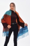 Çok Renkli Su Yeşili Kalın Püsküllü Şal, %100 Polyester, 70x180 cm