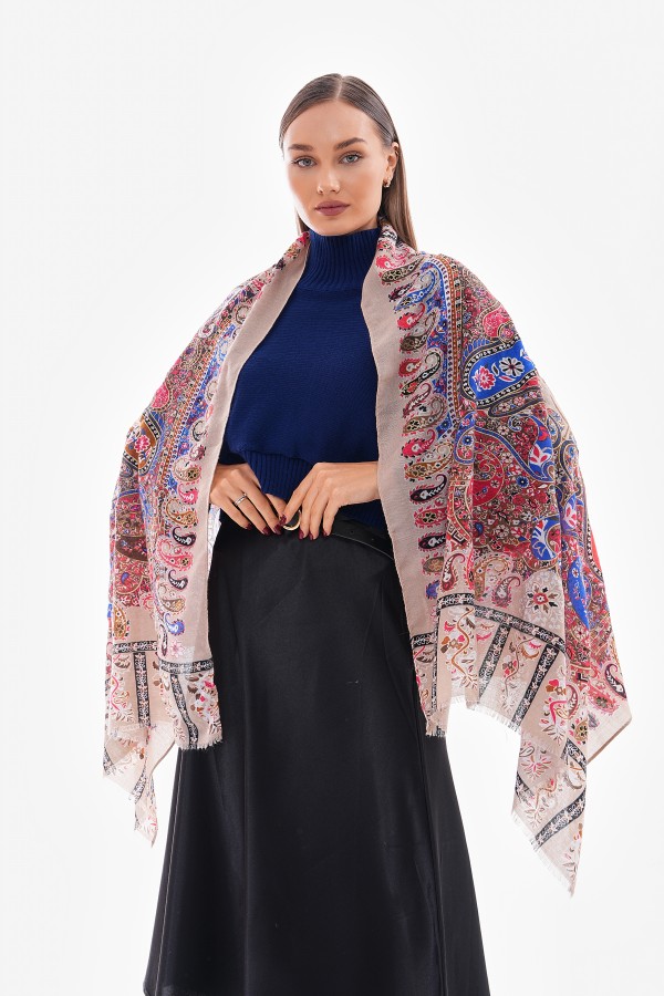 15176 Patchwork Desenli Bej Fransa Kumaşı Varaklı Şal