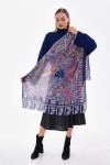 15176 Patchwork Desenli Lacivert Fransa Kumaşı Varaklı Şal