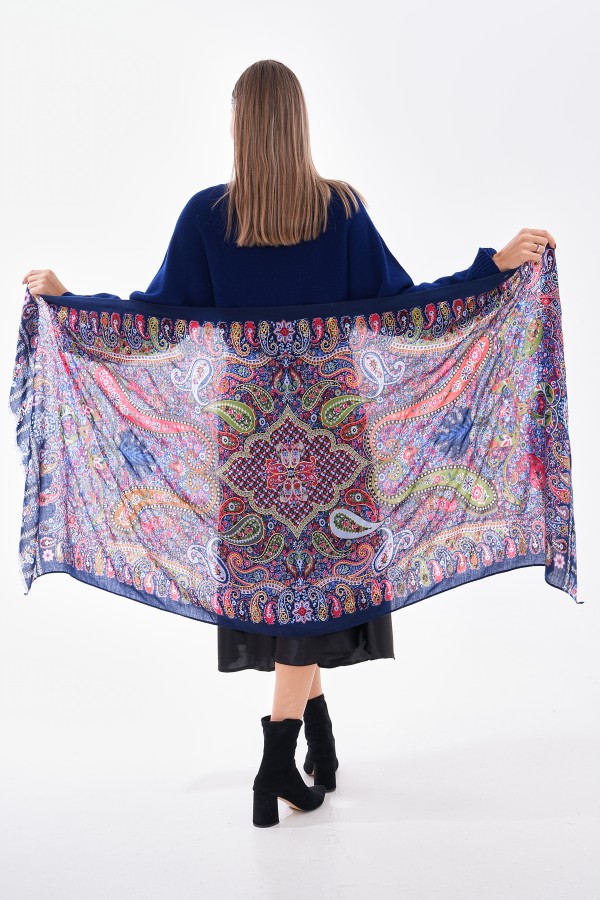 15176 Patchwork Desenli Lacivert Fransa Kumaşı Varaklı Şal