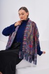 15176 Patchwork Desenli Lacivert Fransa Kumaşı Varaklı Şal
