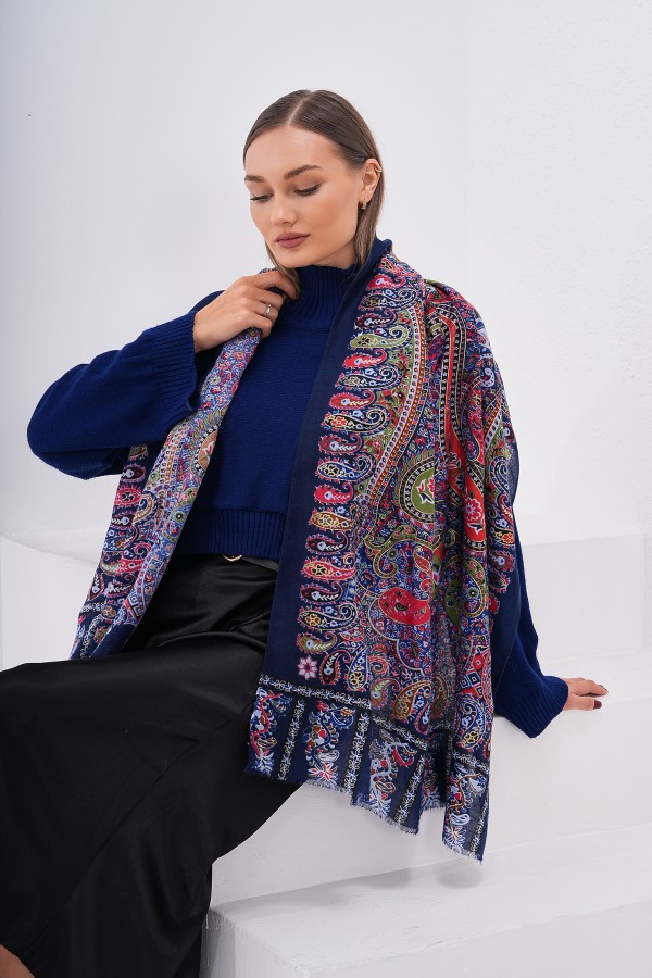 15176 Patchwork Desenli Lacivert Fransa Kumaşı Varaklı Şal
