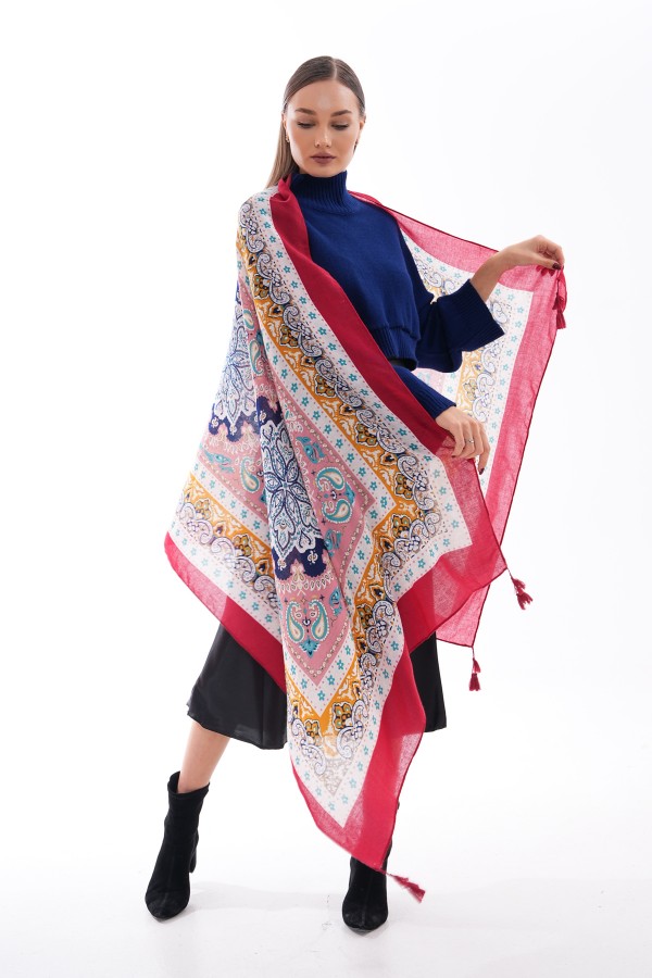 Patchwork Desenli Bordo Püsküllü Şal - Nesvay Patchwork Desenli Bordo Püsküllü Şal, %100 Polyester, 90x180 cm