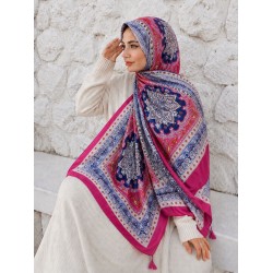 15238 Patchwork Desenli Mavi Püsküllü Şal