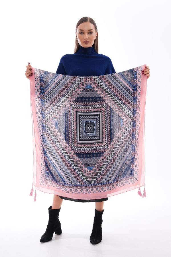 15239 Desenli Püsküllü Pembe Şal 15239 Desenli Püsküllü Pembe Şal
