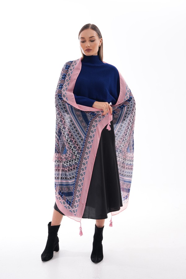 15239 Desenli Püsküllü Pembe Şal
