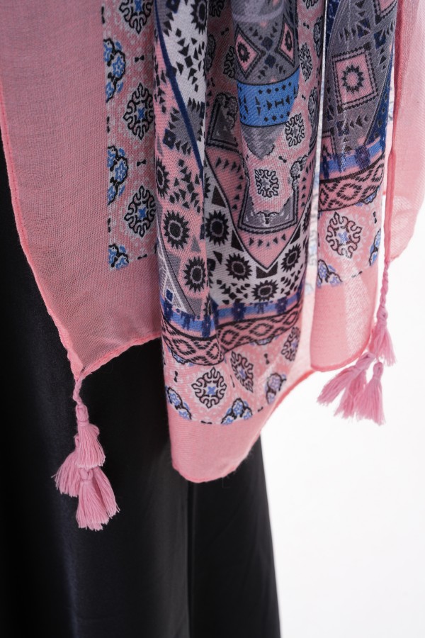 15239 Desenli Püsküllü Pembe Şal
