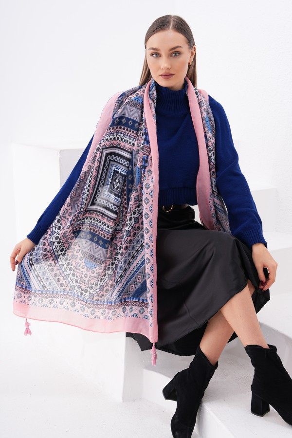 15239 Desenli Püsküllü Pembe Şal