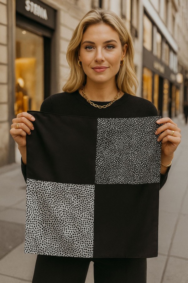 15254 Patchwork Desenli Siyah Çift Tarafı Baskılı Bandana Fular 53x53 cm