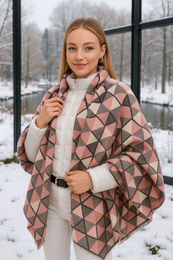 15286 Beige Check Print Long Shawl