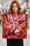15317 Çiçek Desenli Kırmızı Saten Bandana Fular 50x50 cm