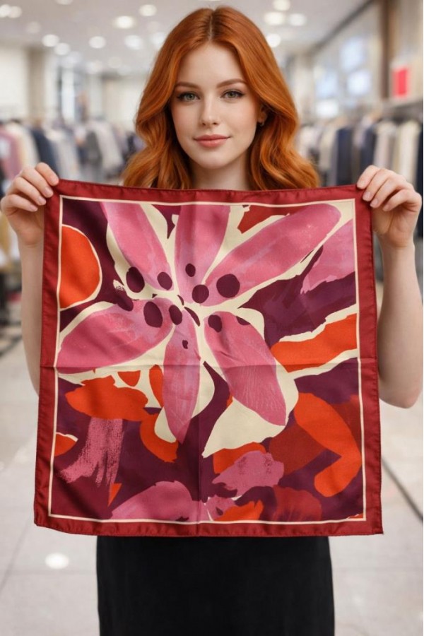 15317 Çiçek Desenli Kırmızı Saten Bandana Fular 50x50 cm