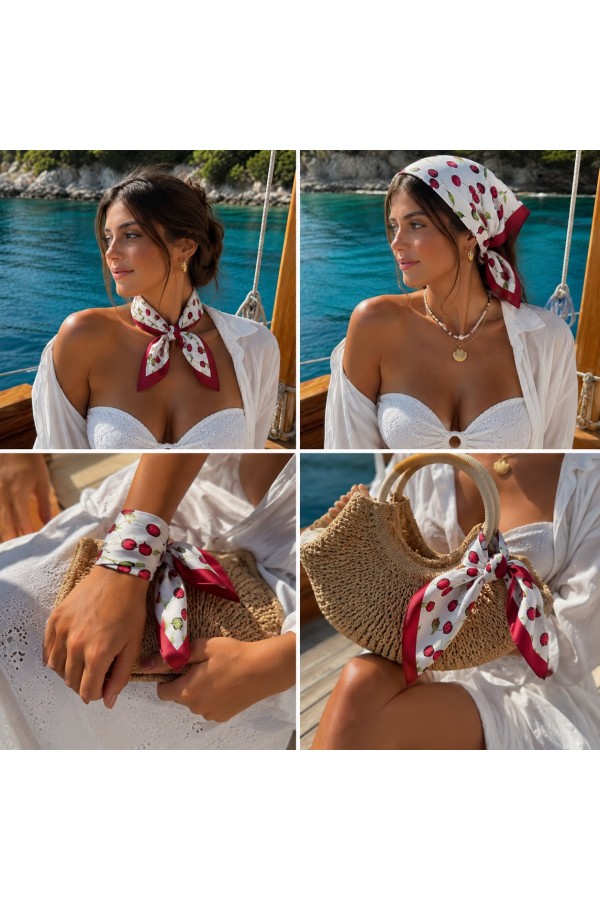 Red & White Cherry Print Bandana Scarf - Nesvay Red & White Cherry Print Bandana Scarf, satin, 50x50 cm