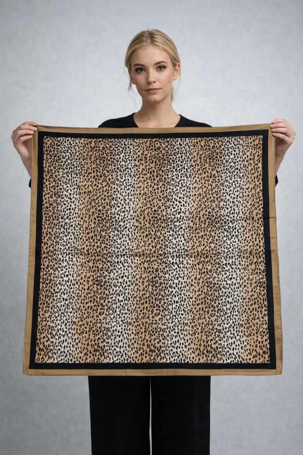15328 Leopar Desen Bej Bandana Fular 90x90 cm