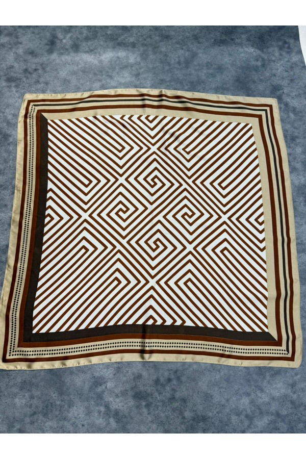 15330 Geometrik Desenli Bej Bandana Fular 90x90 cm