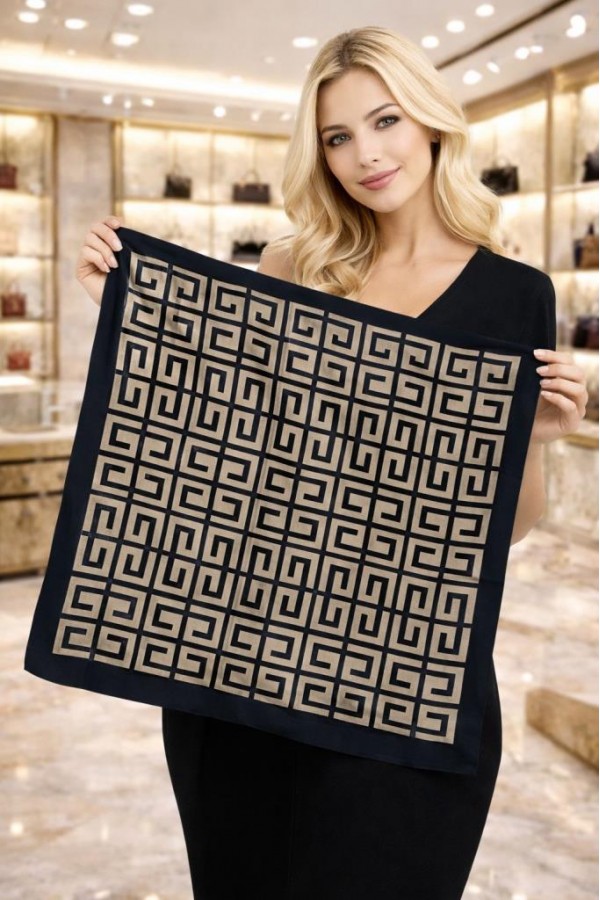 15333 Geometrik Desen Siyah Bandana Fular 90x90 cm