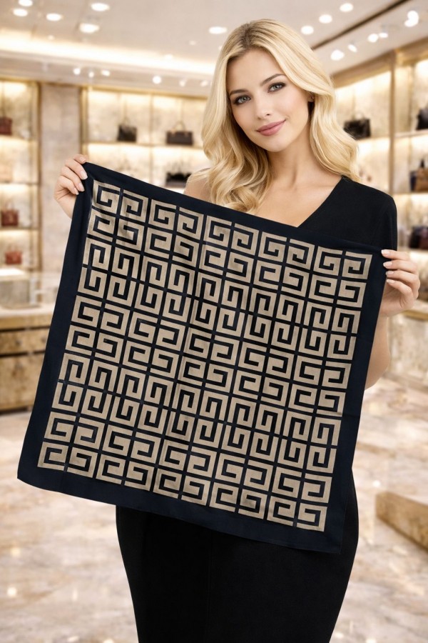 15333 Geometrik Desen Siyah Bandana Fular 90x90 cm