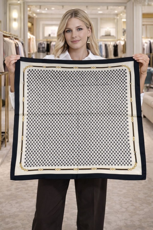 15335 Zincir Desenli Siyah Bandana Fular 90x90 cm