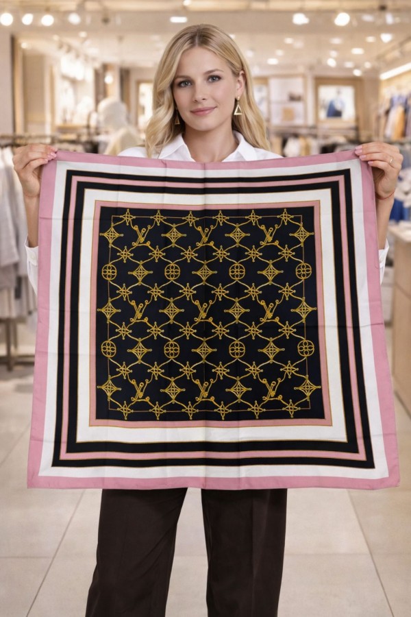 15336 Desenli Pembe Bandana Fular 90x90 cm