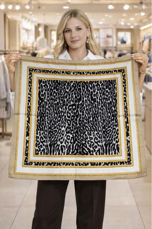 15337 Zebra Desenli Bej Bandana Fular 90x90 cm