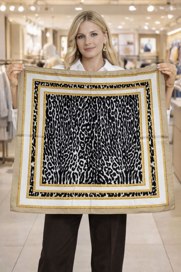 15337 Zebra Desenli Bej Bandana Fular 90x90 cm