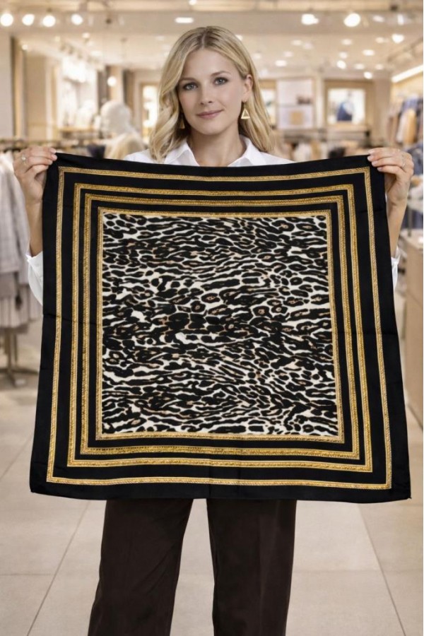 15337 Zebra Desenli Siyah Bandana Fular 90x90 cm