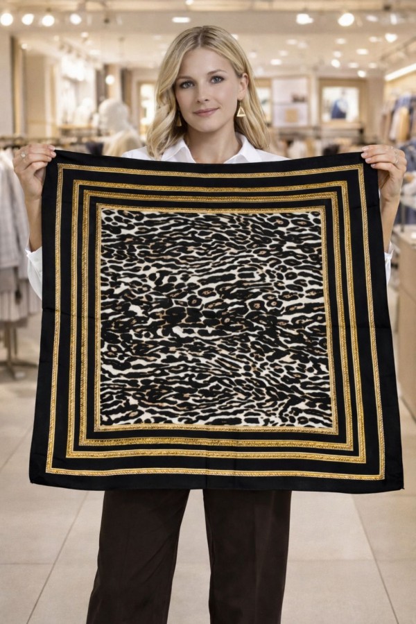 15337 Zebra Desenli Siyah Bandana Fular 90x90 cm