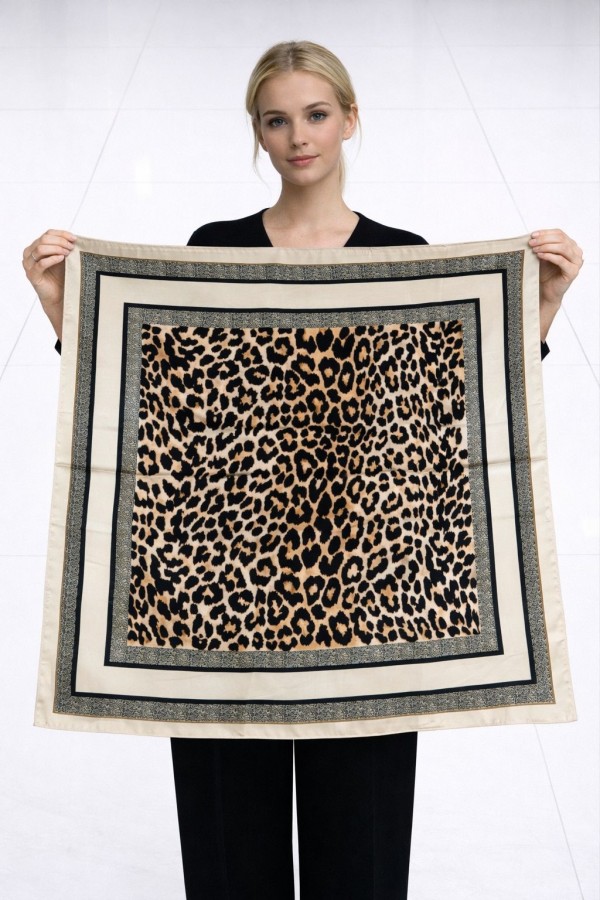 15338 Leopar Desenli Ekru Bandana Fular 90x90 cm
