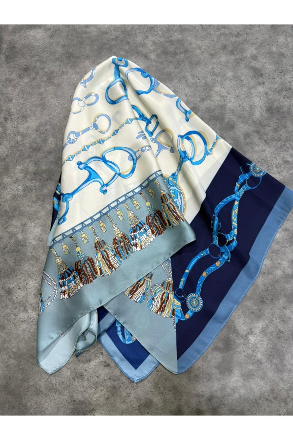 15339 Anahtar Desen Mavi Bandana Fular 90x90 cm