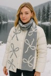 Bow Print Grey & Ecru Double-Sided Knit Wool-Blend Wrap Scarf 30x200 cm, 13% wool, 65% polyester, 22% acrylic, 30x200 cm