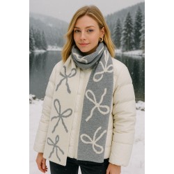 15340 Bow Print Grey & Ecru Double-Sided Knit Wool-Blend Wrap Scarf 30x200 cm