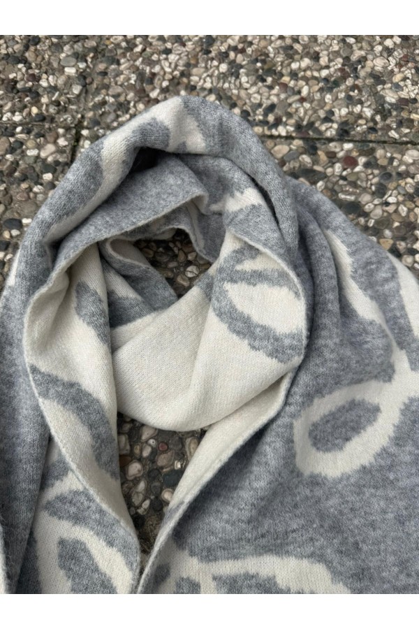 Bow Print Grey & Ecru Double-Sided Knit Wool-Blend Wrap Scarf 30x200 cm, 13% wool, 65% polyester, 22% acrylic, 30x200 cm