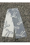 Bow Print Grey & Ecru Double-Sided Knit Wool-Blend Wrap Scarf 30x200 cm, 13% wool, 65% polyester, 22% acrylic, 30x200 cm