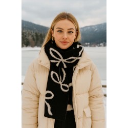 15340 Bow Print Black & White Double-Sided Knit Wool-Blend Wrap Scarf 30x200 cm