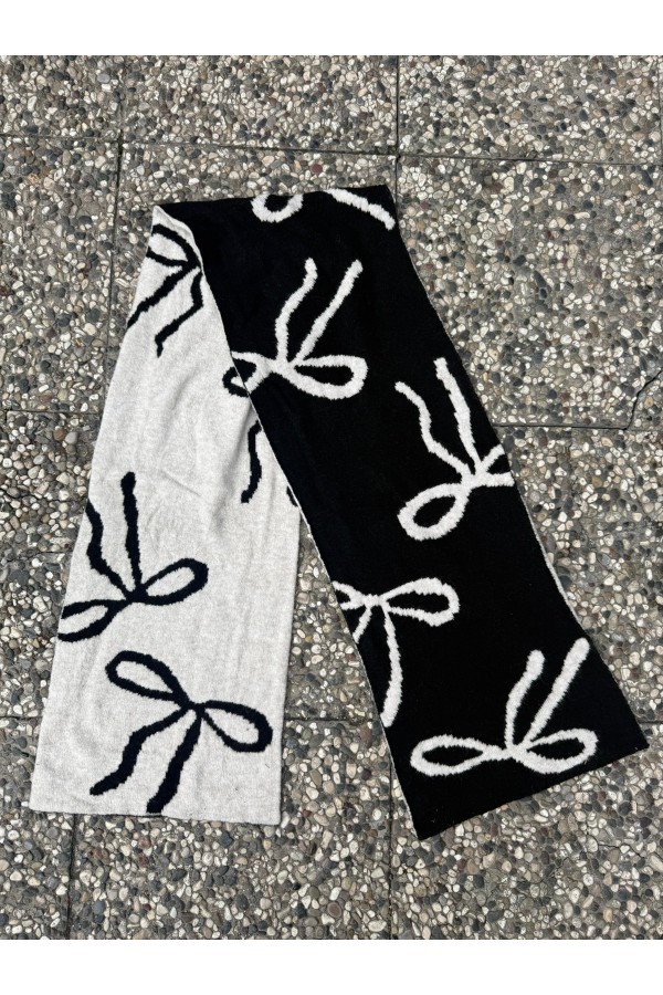 15340 Bow Print Black & White Double-Sided Knit Wool-Blend Wrap Scarf 30x200 cm